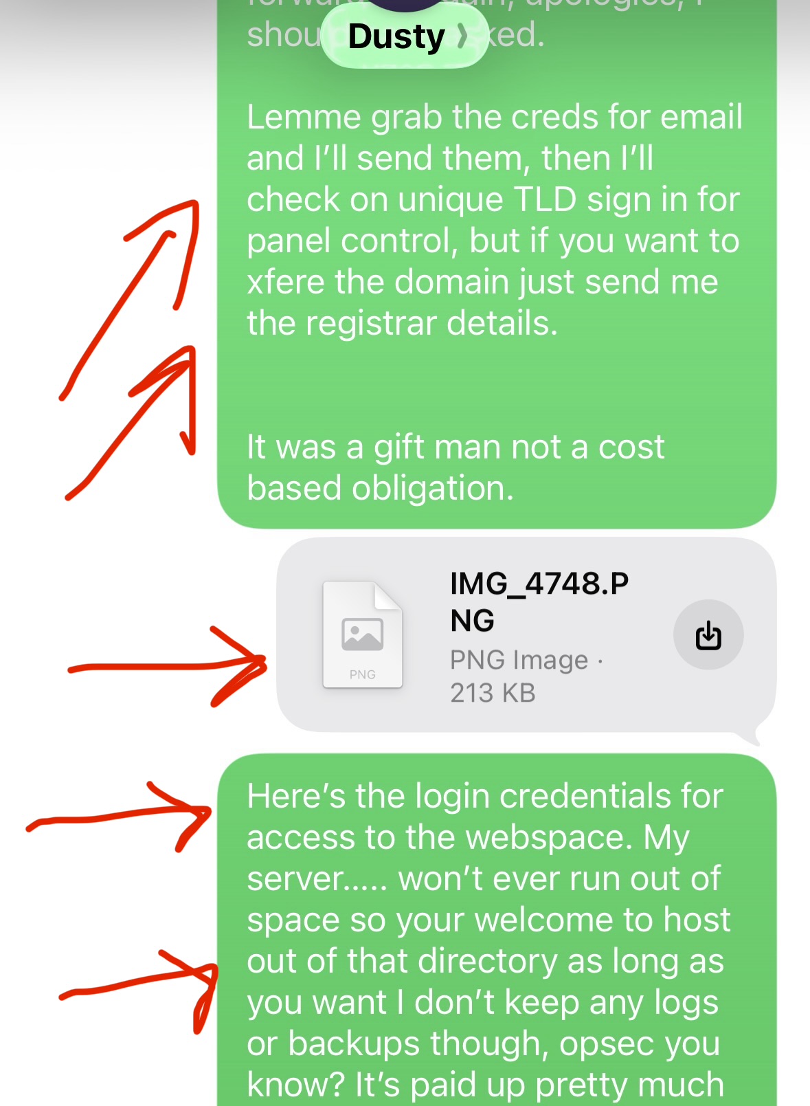 Greg sends login credentials for webspace access